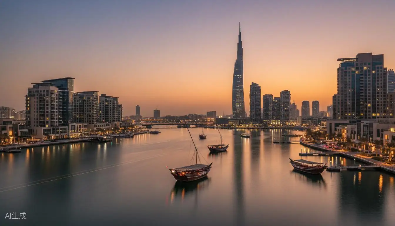 Dubai Creek Harbour with traditional dhow boats